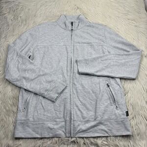 BOSS Hugo Boss Men's L White Gray Striped Knit Zip Front Jacket Quiet Luxury